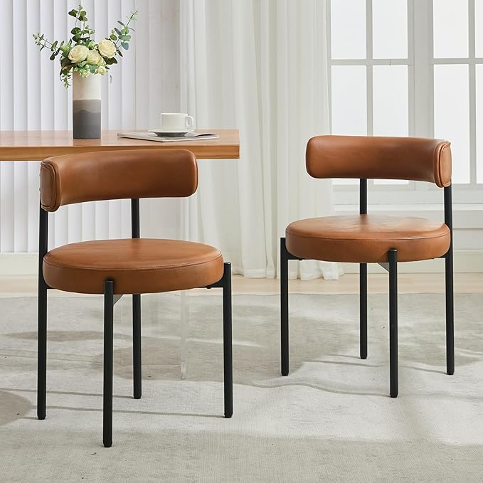 Faux Leather Dining Chairs Set of 6, Mid Century Modern Dining Room Chairs with Barrel Backrest, Upholstered Brown Kitchen Chairs for Dining Room, Restaurant