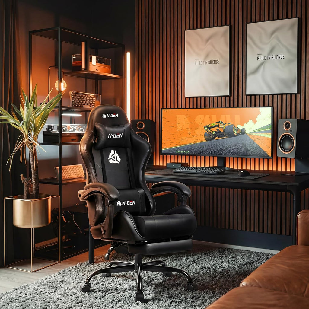 NEO CHAIR Video Gaming Chair with Footrest High Back Ergonomic Comfortable Office Computer Desk with Lumbar Support Height Adjustable with PU Leather Recliner for Adults Women Men (Black)