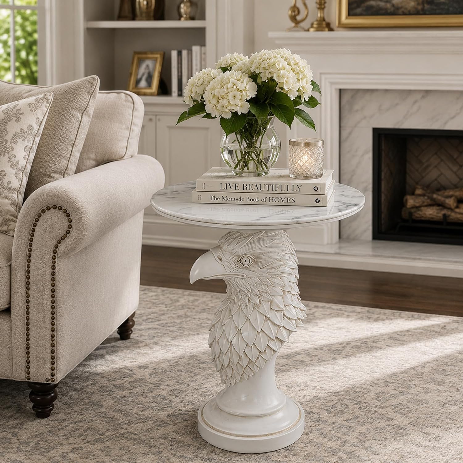 Modern Ivory Eagle Accent Table - 24.41" Minimalist White Resin Eagle Head Pedestal Table with 17.72" Round Faux Marble Top, Unique Animal Art Sculpture Side Table for Chic Home Decor, 24.25 LBS