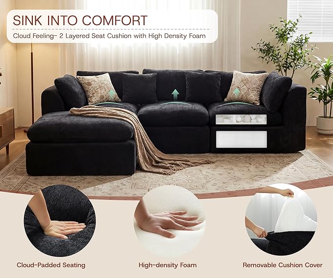 110'' Oversized Cloud Sectional Boneless Couch for Living Room, Modern Big Compressed L Shape Couch with Ottoman & 2 Throw Pillows, Comfy Chenille Deep Seat Memory Foam Spineless 4 Seater Sofa,Black | No Assembly Needed, Premium Chenille, Flexible Modu...