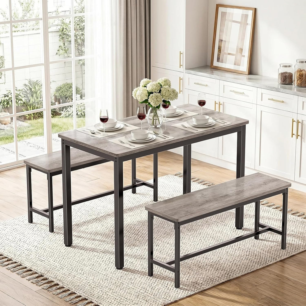 Dining Table Set for 4, Kitchen Table with 2 Benchs, Grey | Modern Functional...