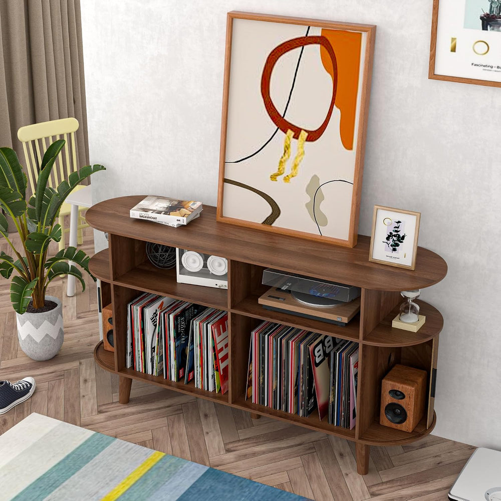 Large Walnut Record Player Stand with Charging Station, Mid-Century Turntable...