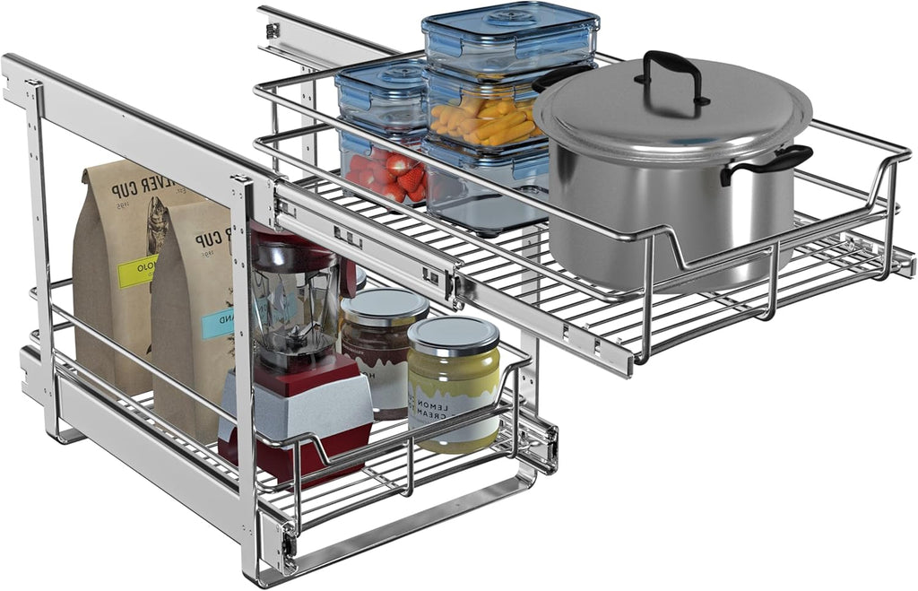 2 Tier Pull Out Cabinet Organizer (11" W x 22" D), Roll Out Shelves and Drawer for Kitchen Pantry Storage Basket, Heavy-Duty Metal Sliding Shelf