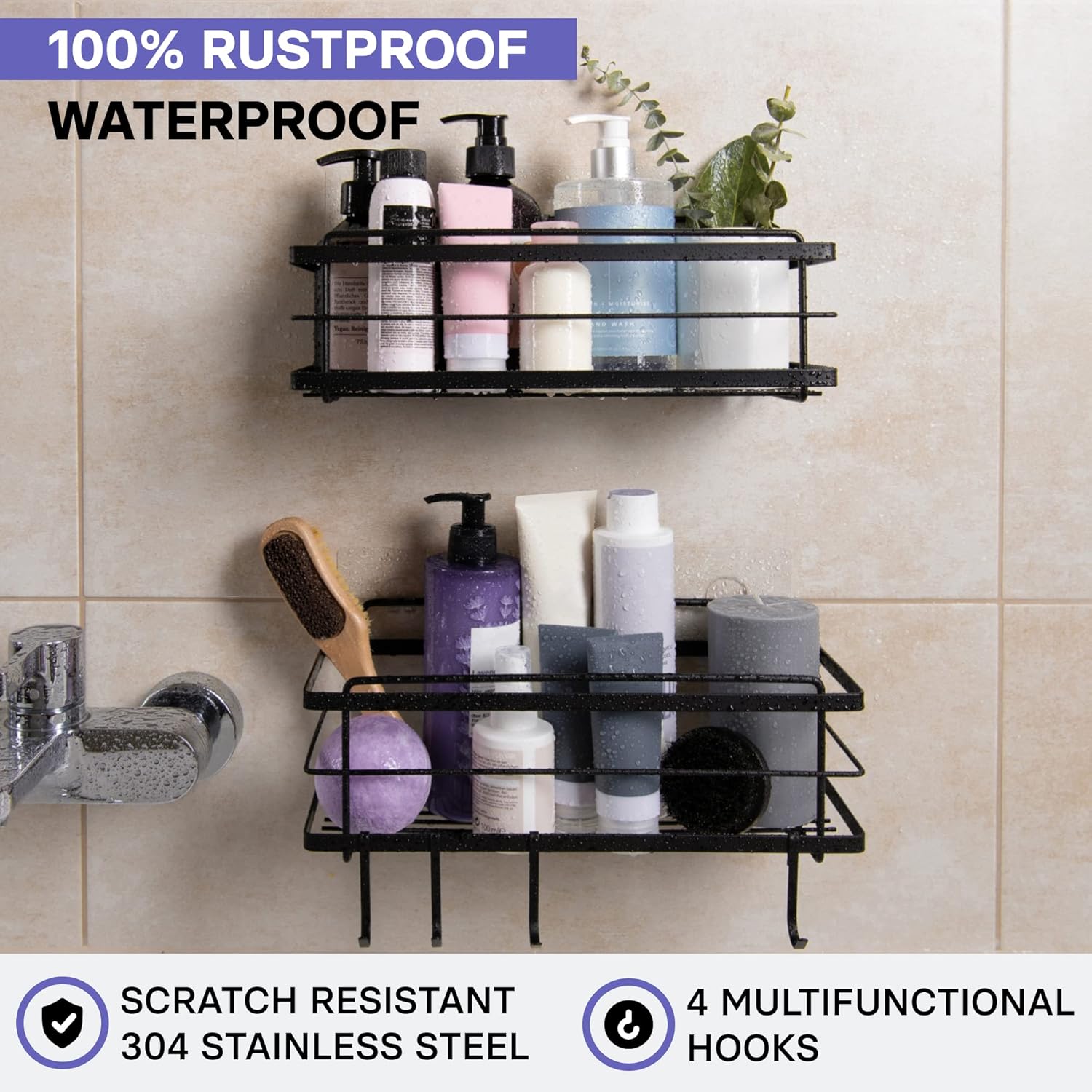 KINCMAX Premium Shower Caddy, 2-Pack Adhesive Shower Organizer, No Drill Bathroom Shelves, Rustproof Stainless Steel Shower Shelves for Inside, Shampoo Holder, Storage Rack, Matte Black
