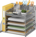 Lavatino 5-Tier Metal Mesh Desk Organizer with File Holder & 7 Customizable Compartments | Paper Letter Tray for Office or Home Desk Storage | Keep Workspace Supplies Neat & Organized, Silver