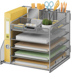 Lavatino 5-Tier Metal Mesh Desk Organizer with File Holder & 7 Customizable Compartments | Paper Letter Tray for Office or Home Desk Storage | Keep Workspace Supplies Neat & Organized, Silver