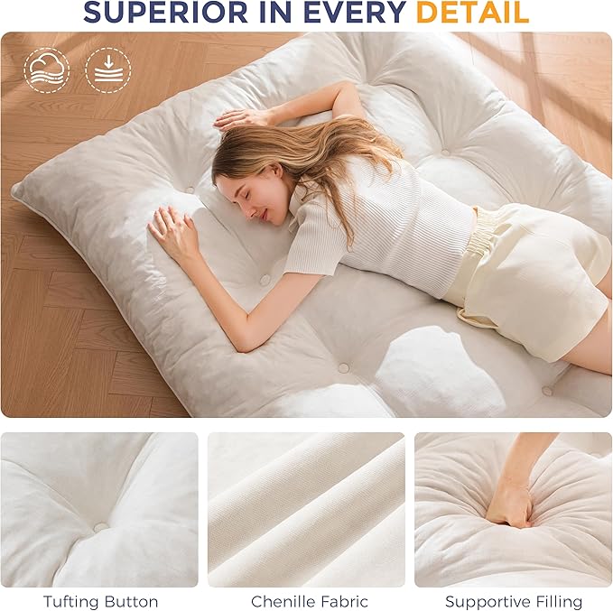 MAXYOYO Japanese Floor Mattress Full Size, 6" Foldable Futon Mattress Tufted Roll Up Floor Bed, Thick Chenille Tatami Mat Sleeping Pad for Camping Guest Room Dormitory Bedroom RV, Beige