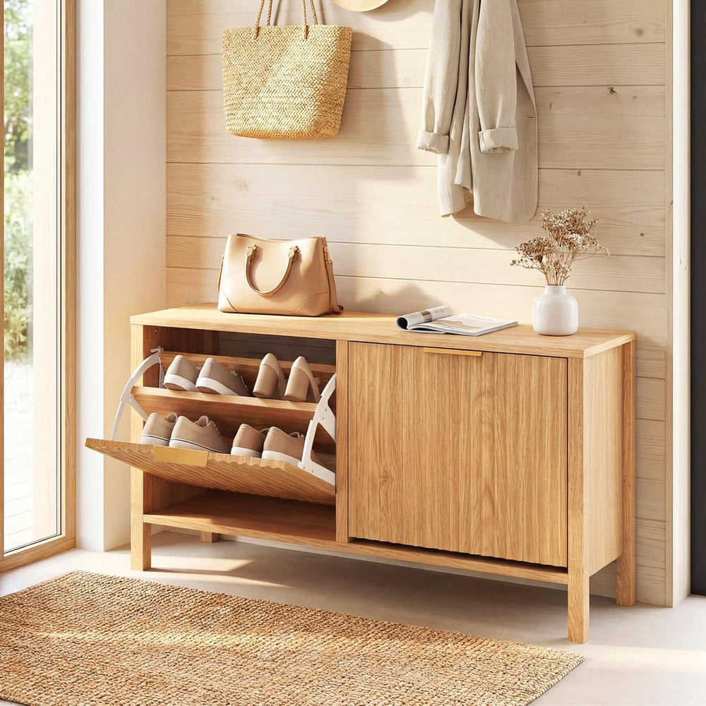 Giantex Shoe Storage Bench with 2 Flip Drawers, Wooden Entryway Bench with St...