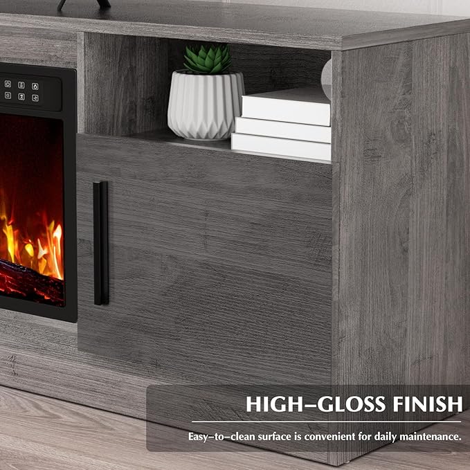 Lemberi Fireplace tv Stand with 36 inch Fireplace Up to 80" TVs,LED Light Entertainment Center and Storage, 70" Modern Wood Media TV Console with Highlight Cabinet for Living Room (Gray)