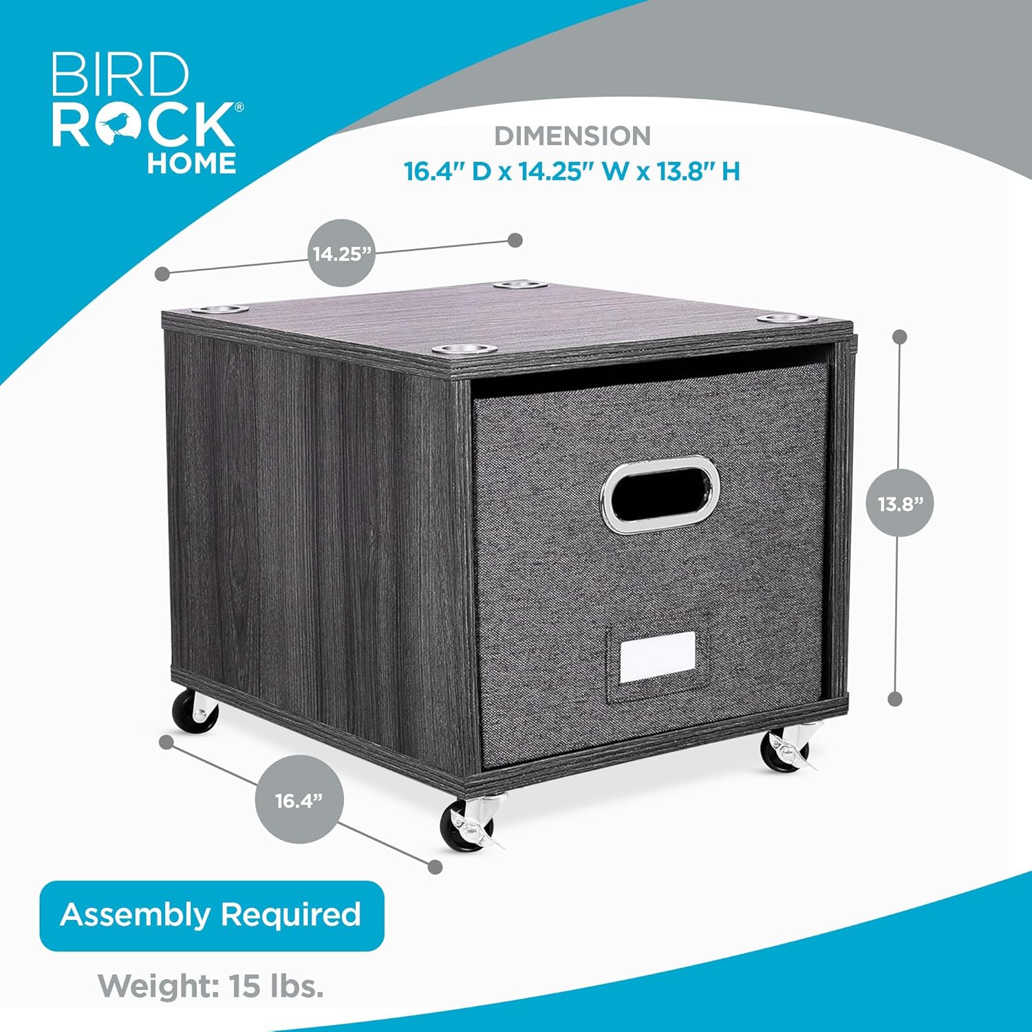 BIRDROCK HOME Rolling File Cabinet – Decorative Storage Shelf w/Removable Bins, Handles, and Wheels – Organize Files, Books, Toys, Under Desk Office Solution, Modern Design - 2 Lateral Drawers, Gray