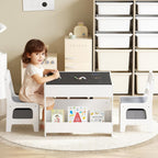 Kinder King Kids Wood Table & 2 Chairs Set, 4 in 1 Children Activity Table w/Double Bookcase, Blackboard, Toddler Furniture Set for Art, Crafts, Drawing, Reading, Playroom, Grey