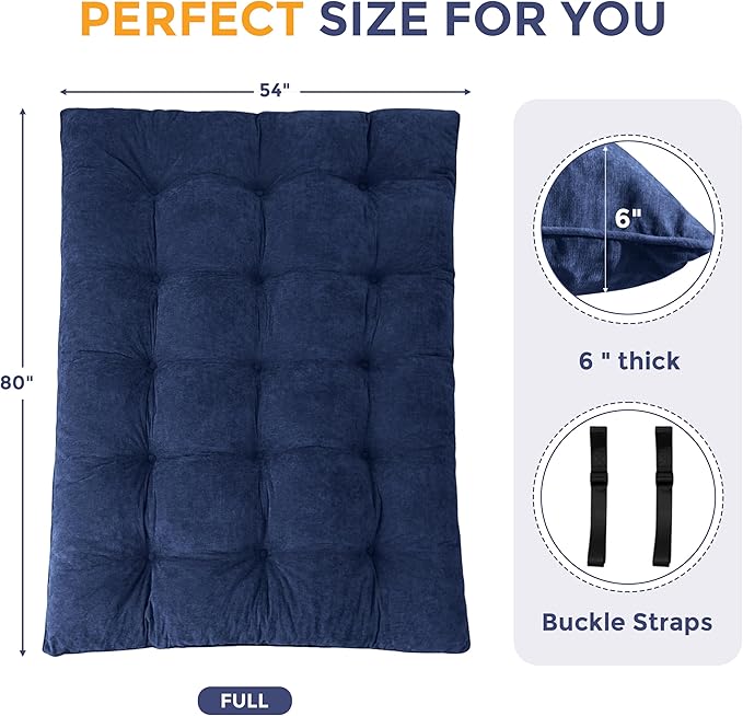 MAXYOYO Japanese Floor Mattress Full Size, 6" Foldable Futon Mattress Tufted Roll Up Floor Bed, Thick Chenille Tatami Mat Sleeping Pad for Camping Guest Room Dormitory Bedroom RV, Navy
