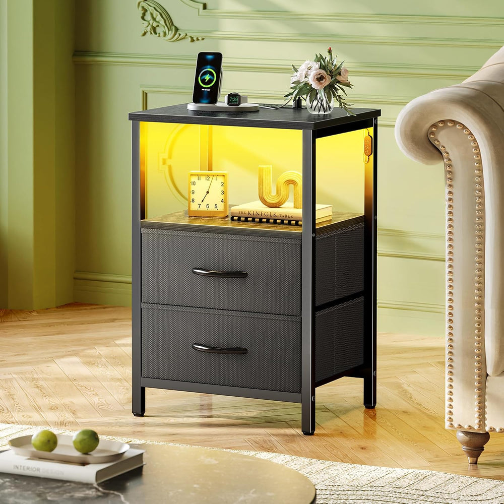 Huuger Night Stand with Charger Station and LED Lights, 2 Drawer Nightstand, ...