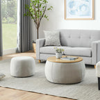Ball & Cast Round Upholstered Storage-Ottoman Set with Wood Tray, Large Storage Coffee Table w/Footstool & Removable Lid, Dia 25" Padded Bench & End Side-Table for Living Bedroom, Light Grey