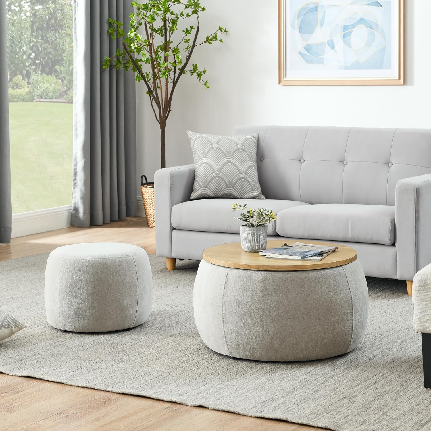 Ball & Cast Round Upholstered Storage-Ottoman Set with Wood Tray, Large Storage Coffee Table w/Footstool & Removable Lid, Dia 25" Padded Bench & End Side-Table for Living Bedroom, Light Grey