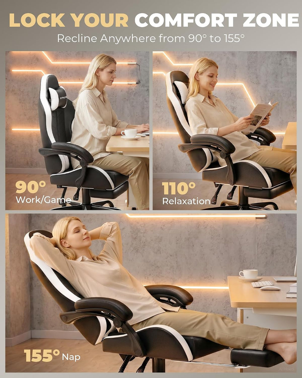 GTPLAYER Gaming Chair for Adults, Computer Chair with Footrest, Snow White | ...