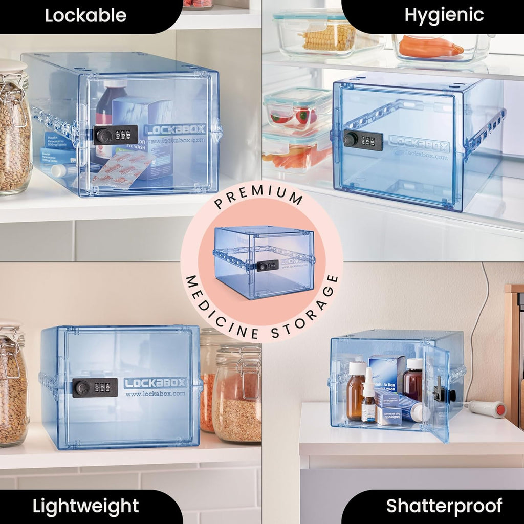 Lockabox One™ | Premium Medicine Lock Box | Medium Medication Lock Box With Code For Medicines, Vitamins & Supplements | External Size 12 x 8 x 6.6 inches (Light Medi Blue)