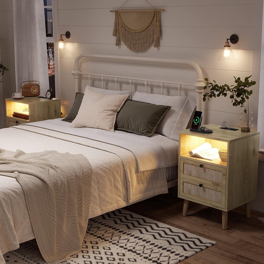 AOGLLATI Rattan Nightstands Set of 2 with Charging Station and LED, Boho Night Stand with 2 Drawers and Open Storage, Boho Wood Bedside Table for Bedroom
