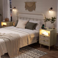 AOGLLATI Rattan Nightstands Set of 2 with Charging Station and LED, Boho Night Stand with 2 Drawers and Open Storage, Boho Wood Bedside Table for Bedroom