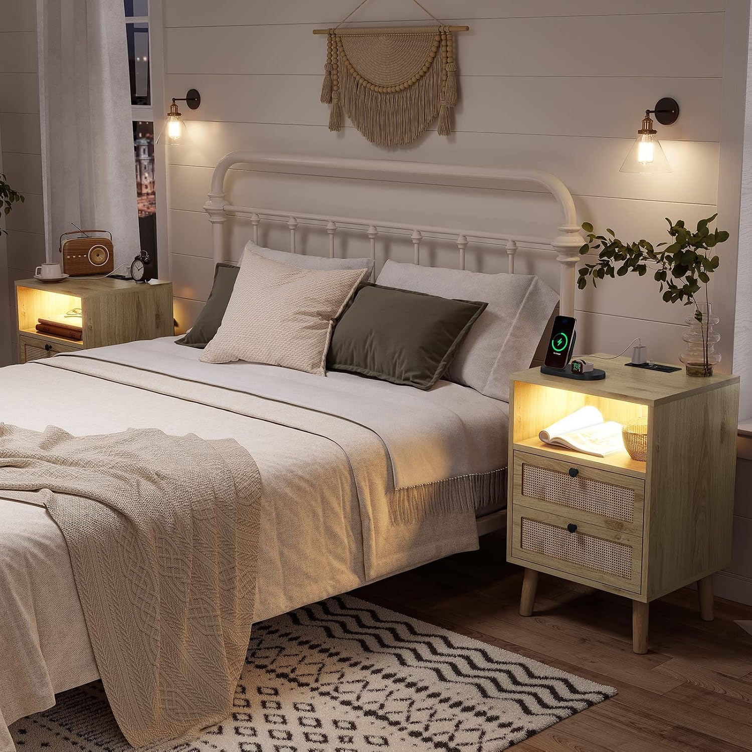 AOGLLATI Rattan Nightstands Set of 2 with Charging Station and LED, Boho Night Stand with 2 Drawers and Open Storage, Boho Wood Bedside Table for Bedroom