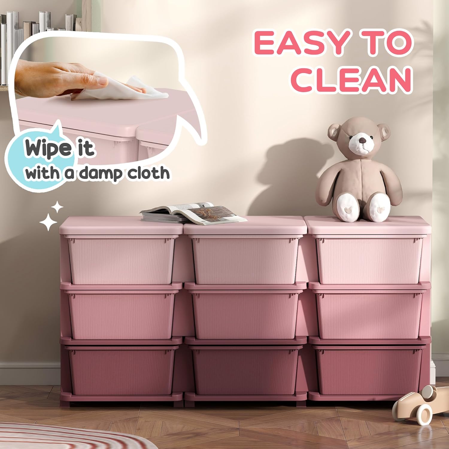 Qaba 3 Tier Kids Storage Unit, 9 Drawer Chest Toy Organizer Plastic Bins for Kids Bedroom Nursery Kindergarten Living Room for Boys Girls Toddlers, Pink