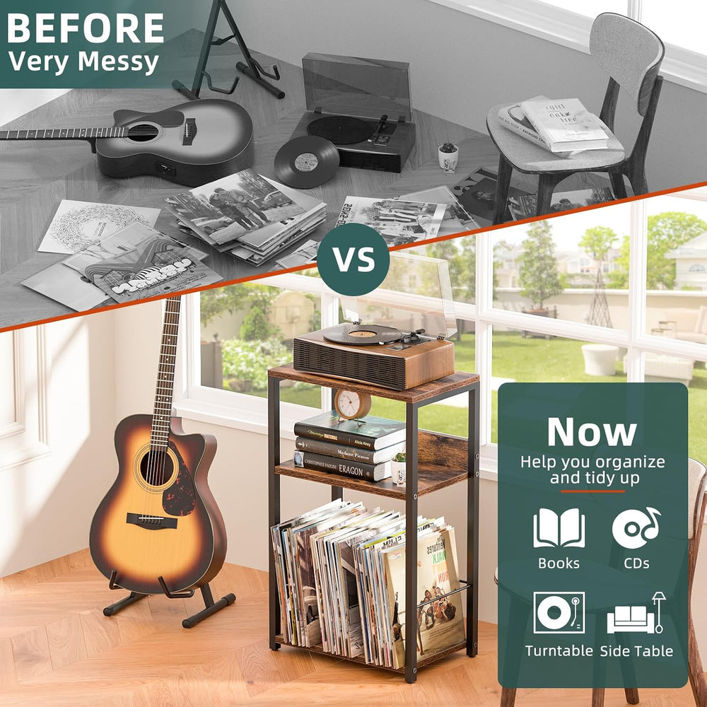 LELELINKY Record Player Stand Set of 2, 3-Tier End Side Table with Vinyl Reco...