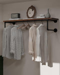 Clothes Rack 42in, Wall Mounted Garment Racks with Real Walnut Wood Shelf, Heavy Duty Hanging Clothes Rack, Multi-Purpose Hanging Rod, Space-Saving Closet Storage
