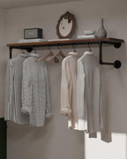 Clothes Rack 42in, Wall Mounted Garment Racks with Real Walnut Wood Shelf, Heavy Duty Hanging Clothes Rack, Multi-Purpose Hanging Rod, Space-Saving Closet Storage