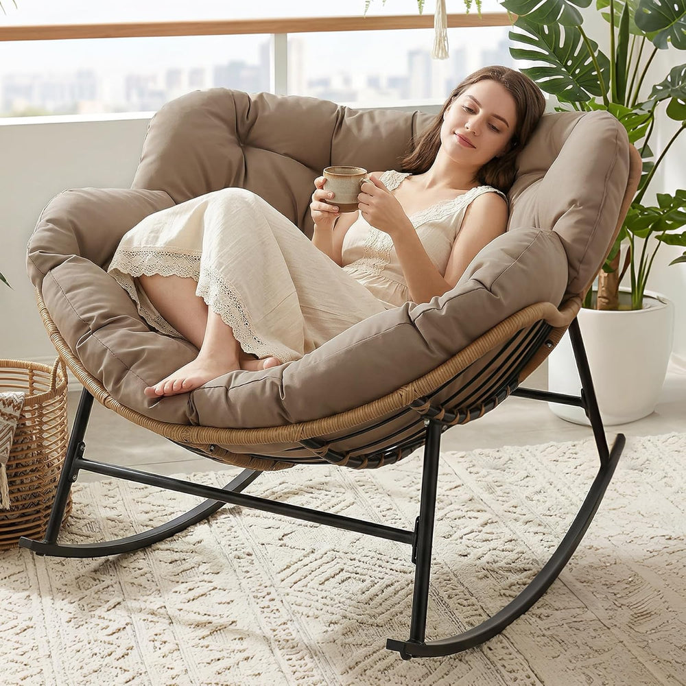 BULEXYARD Outdoor Papasan Rocking Chair with Cushion and Frame, Oversized Lar...