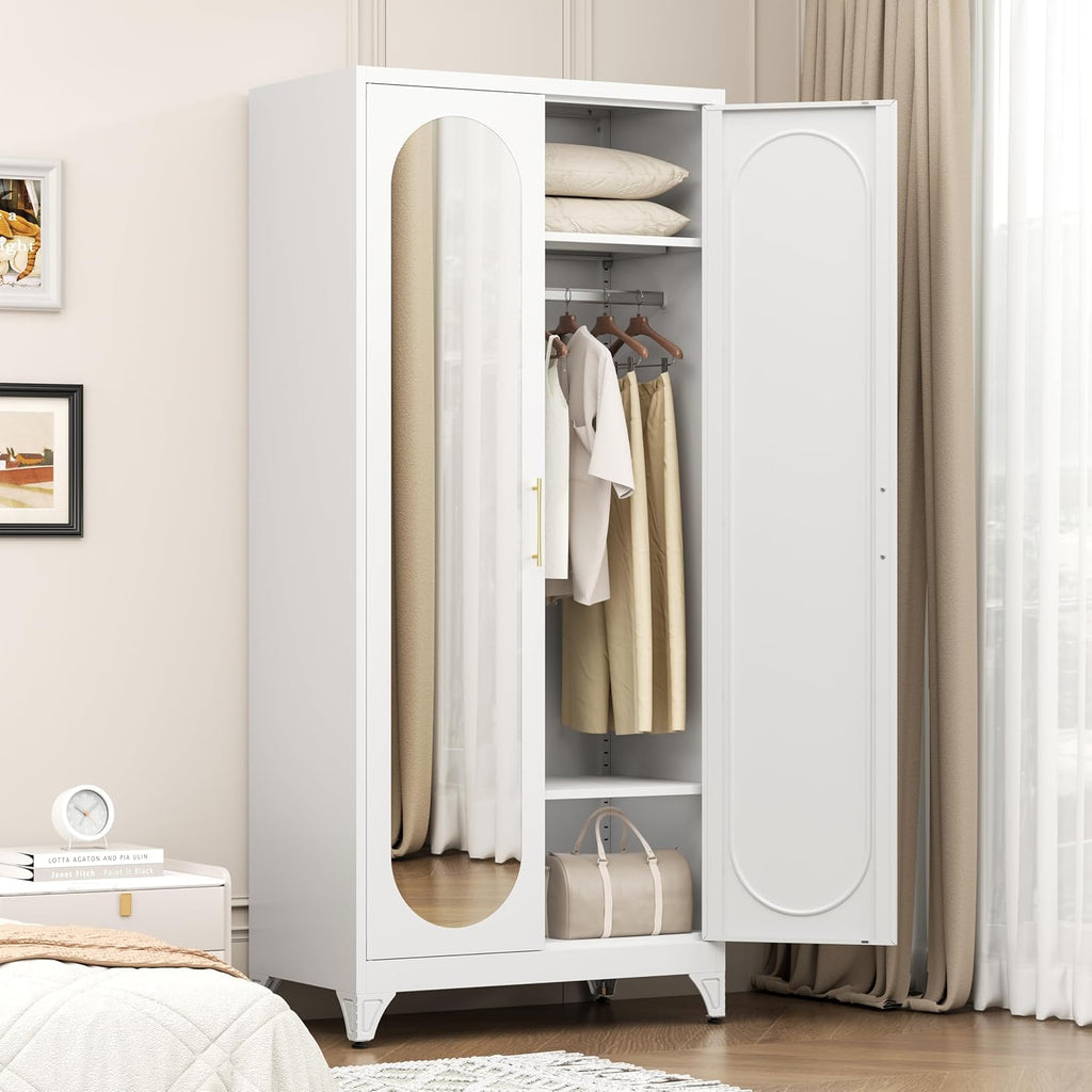 Metal Wardrobe Closet with Mirror Doors and 2 Adjustable Shelves | 71"Tall Storage Cabinet with Hanging Rod, White Bedroom Armoires, Steel Wardrobe Cabinet for Bedroom, Gym, Apartment, School