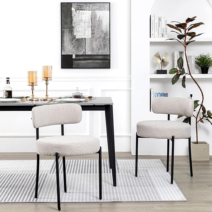DYHOME Light Grey Boucle Dining Chairs Set of 6, Mid Century Modern Upholster...