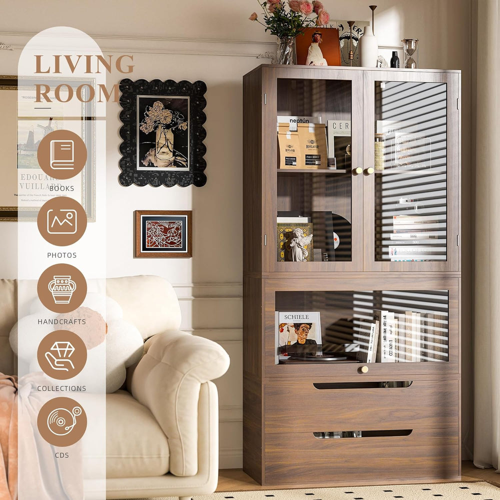 DIY Storage Cabinet 63'' Walnut - Glass Doors & Drawers Sideboard...