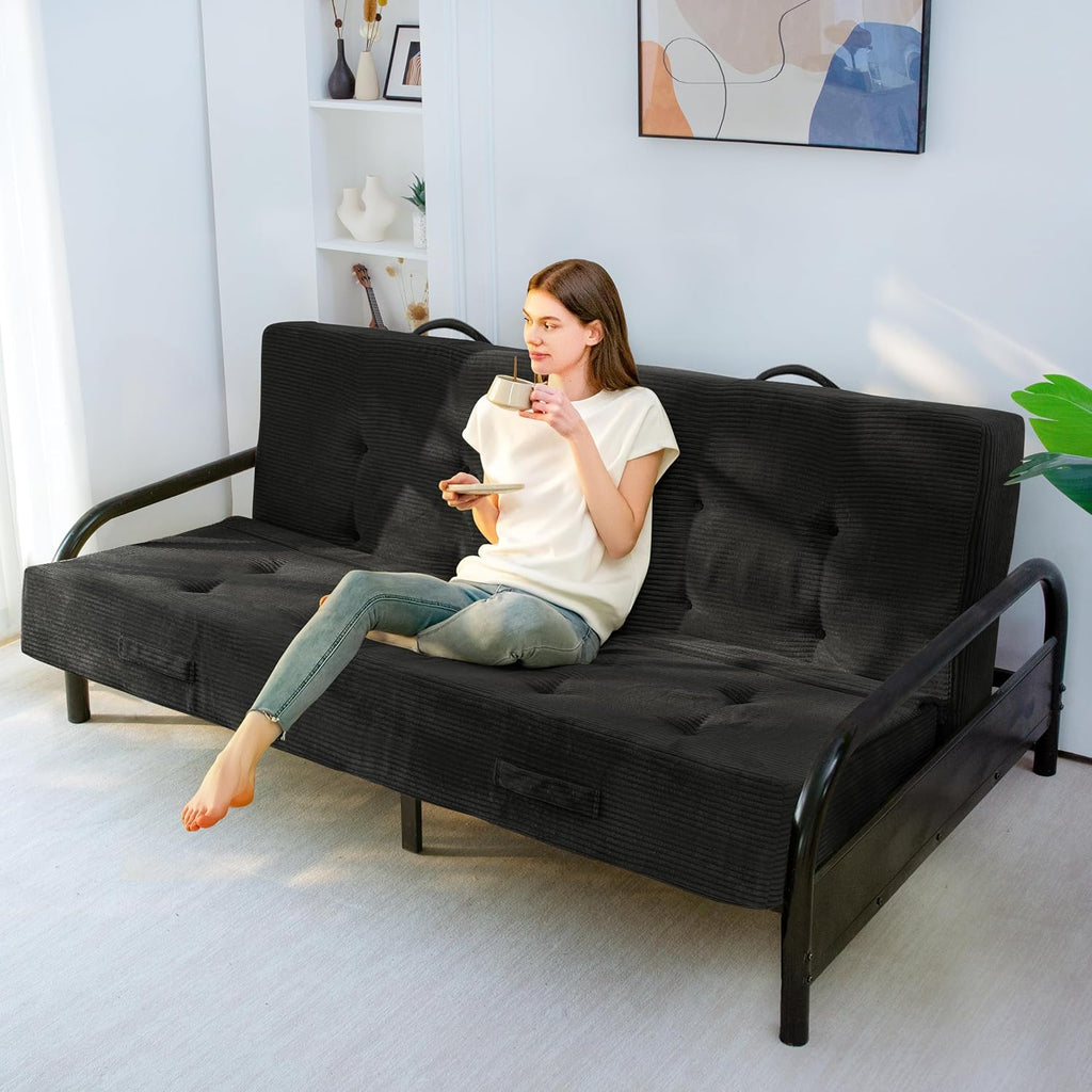 MAXYOYO 8" Thick Folding Mattress with Handles, Tufted Floor Sofa Bed (Frame Not Included), Foldable Couch Bed Versatile Floor Mattress for Sleeping, Living Room & Guest Room, Black