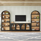 3-Piece Farmhouse TV Stand Set with Bookshelf for TVs Up to 70", Two-Tone Wood Grain Entertainment Center with Arched Design, Retro Sideboard with Tempered Glass Doors for Living Room (Black+Walnut)