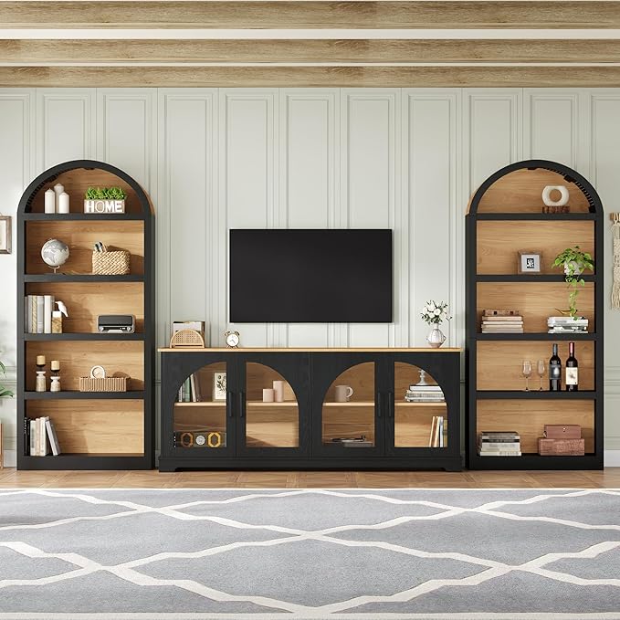3-Piece Retro TV Stand Set with Bookshelf, Entertainment Center with Arched Design for TVs up to 70'', Farmhouse Media Console with Tempered Glass Doors for Living Room, Black