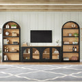 3-Piece Retro TV Stand Set with Bookshelf, Entertainment Center with Arched Design for TVs up to 70'', Farmhouse Media Console with Tempered Glass Doors for Living Room, Black