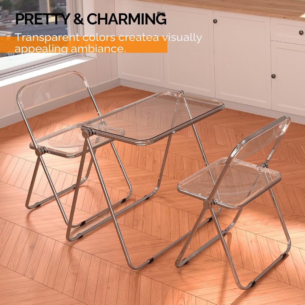 VINGLI Folding Acrylic Table and Chair Set Small TV Tray for Snack Dinner on Couch, Tiny Foldable Desk Writing Desk for Home Office for Small Spaces