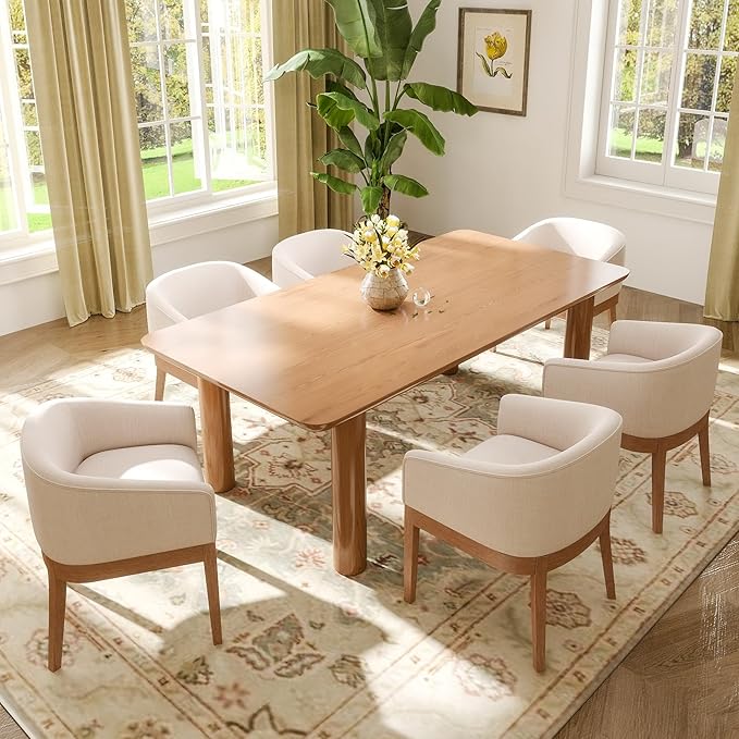 Dining Chairs Set of 6 Mid-Century Modern Dining Chairs, Linen Upholstered Kitchen Dining Room Chairs, Curved Backrest Dining Chair with Wood Legs, Beige