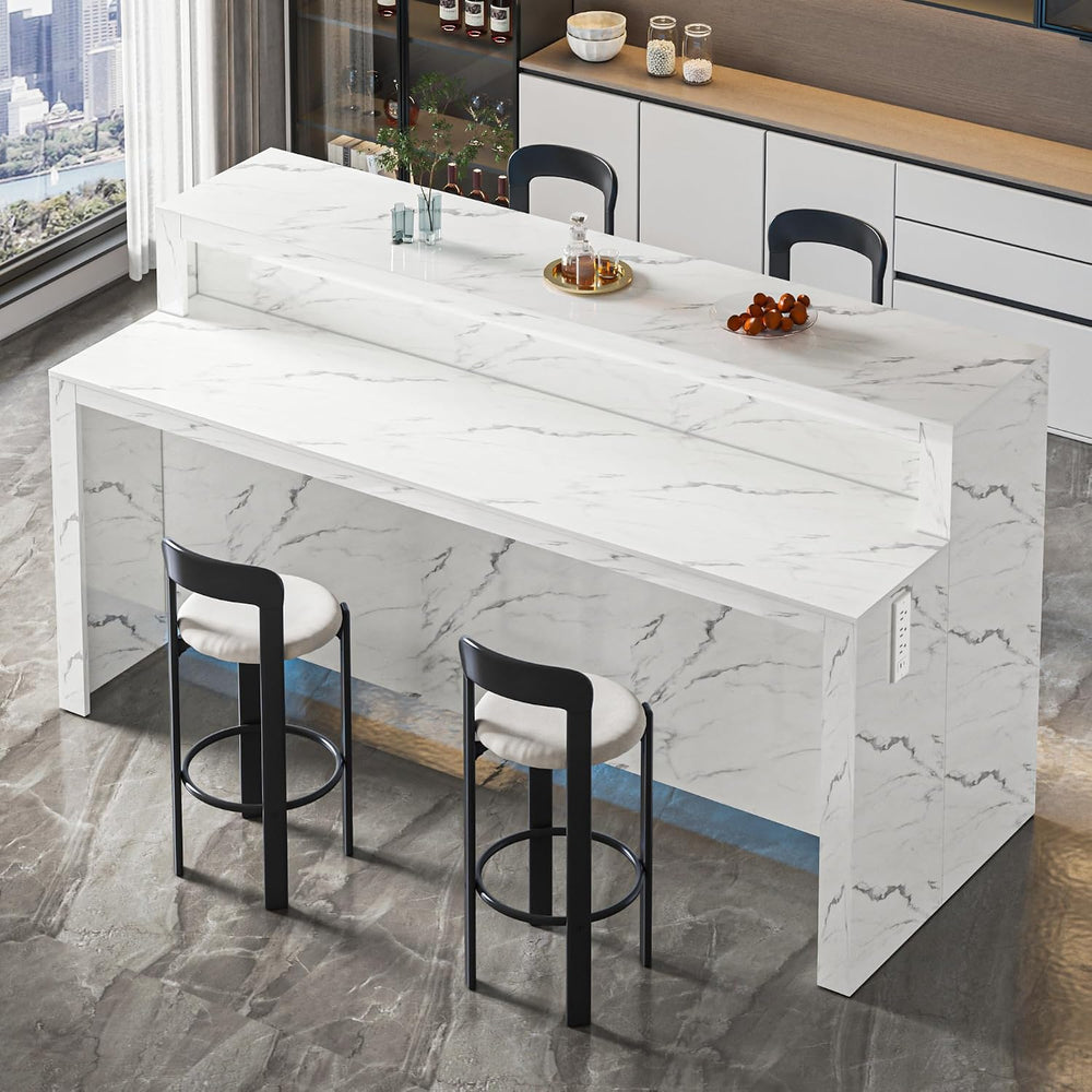 71" Large Faux Marble Dining Table with LED Lights, Modern Rectangle Kit...