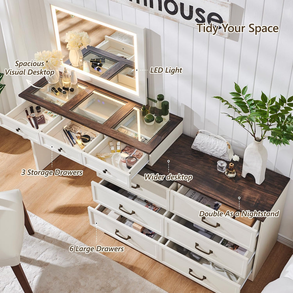Aitjunz 69" W Farmhouse Vanity Desk with Glass Top,9 Drawers, Antique Wh...