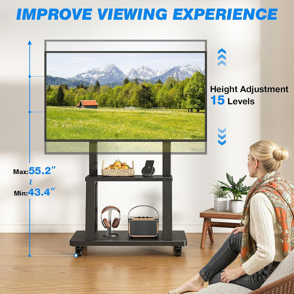 Rfiver Mobile TV Cart Rolling TV Stand for 37-75 inch TVs Up to 150lbs | Heav...