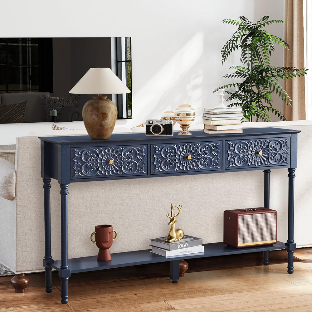 weselon 55.5" Carved Console Table with 3 Drawers, 2-Tier Sofa Table wit...