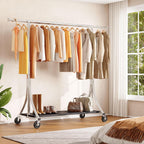 HOKEEPER Clothes Rack with Wood Shelves Height Adjustable Clothing Rack with Lockable Wheels 500LBS Portable Wooden Garment Closet for Bedroom, Living Room, Laundry, Balcony, Silver