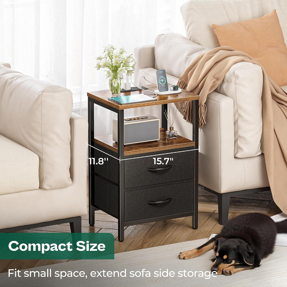 Huuger Nightstand with Charging Station, Side Table with Fabric Drawers, End ...