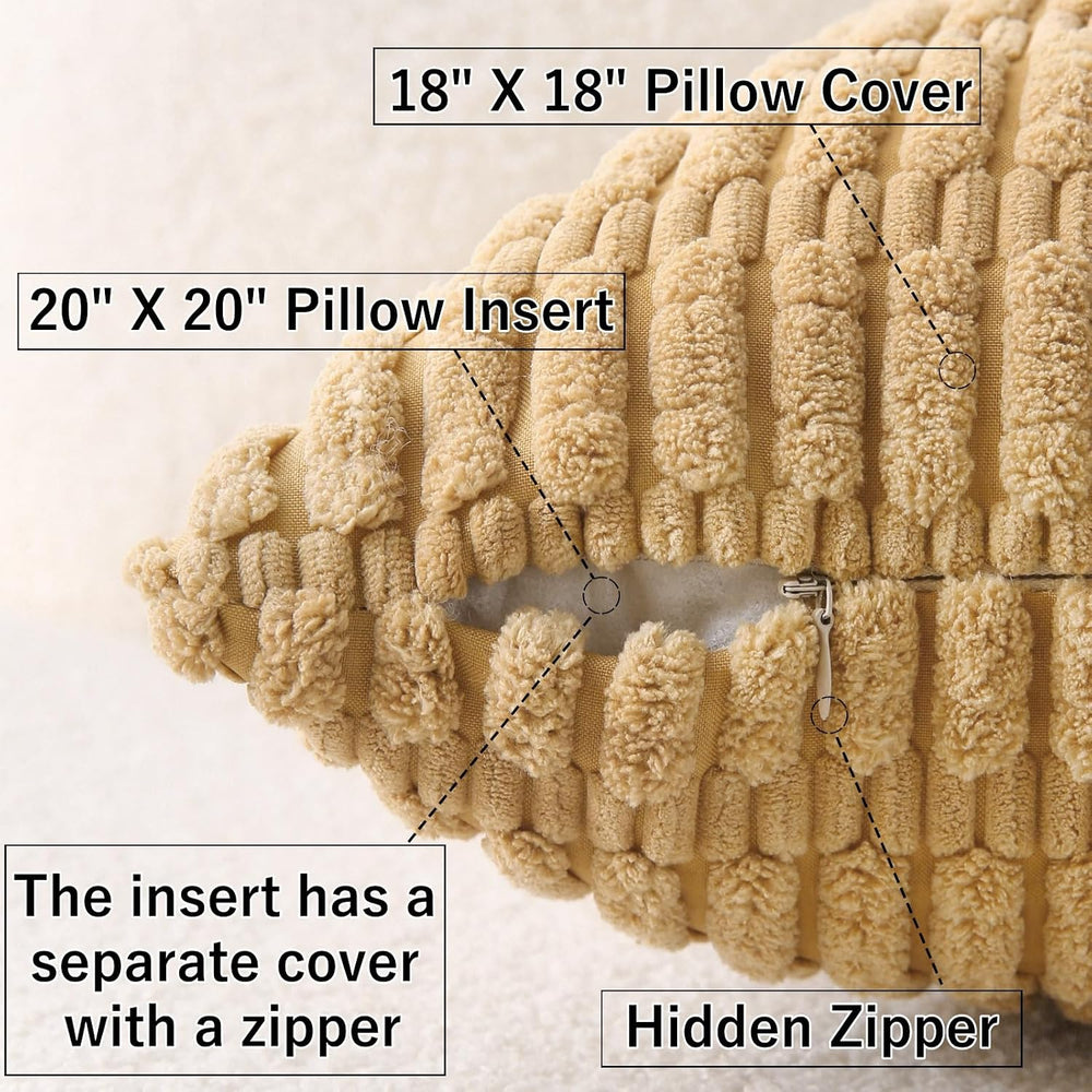 2 Pack Corduroy Decorative Throw Pillow with Inserts, 18x18 Inch Soft Boho Th...