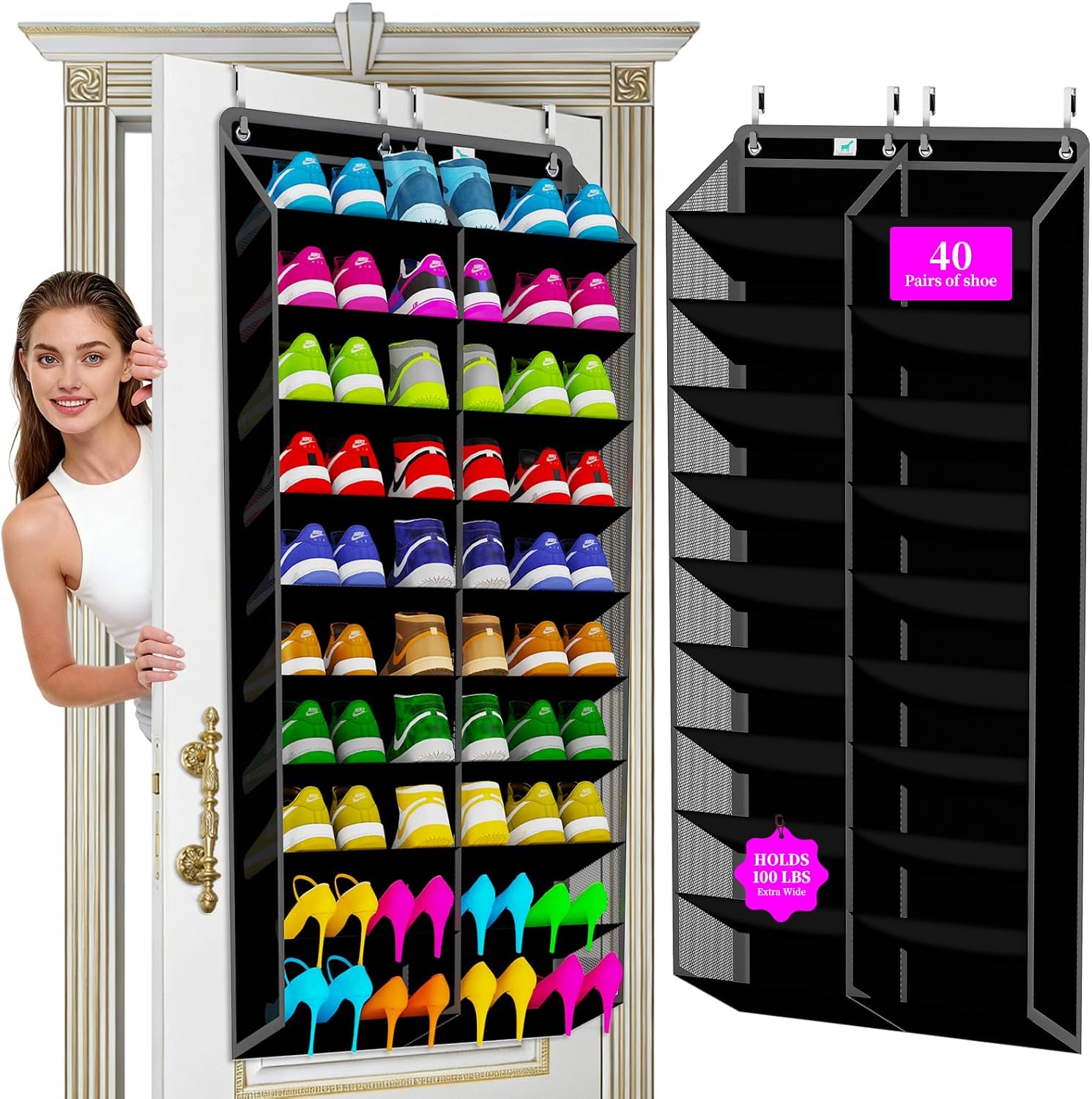 Large Shoe Rack for Door 74 x 24 Inches, Over the Door Shoe Organizer, Heavy-Duty Hanging Shoe Storage for Closet, Extra-Wide 30 Pairs Shoe Holders Fit Family Sneakers Heels Boots - Black