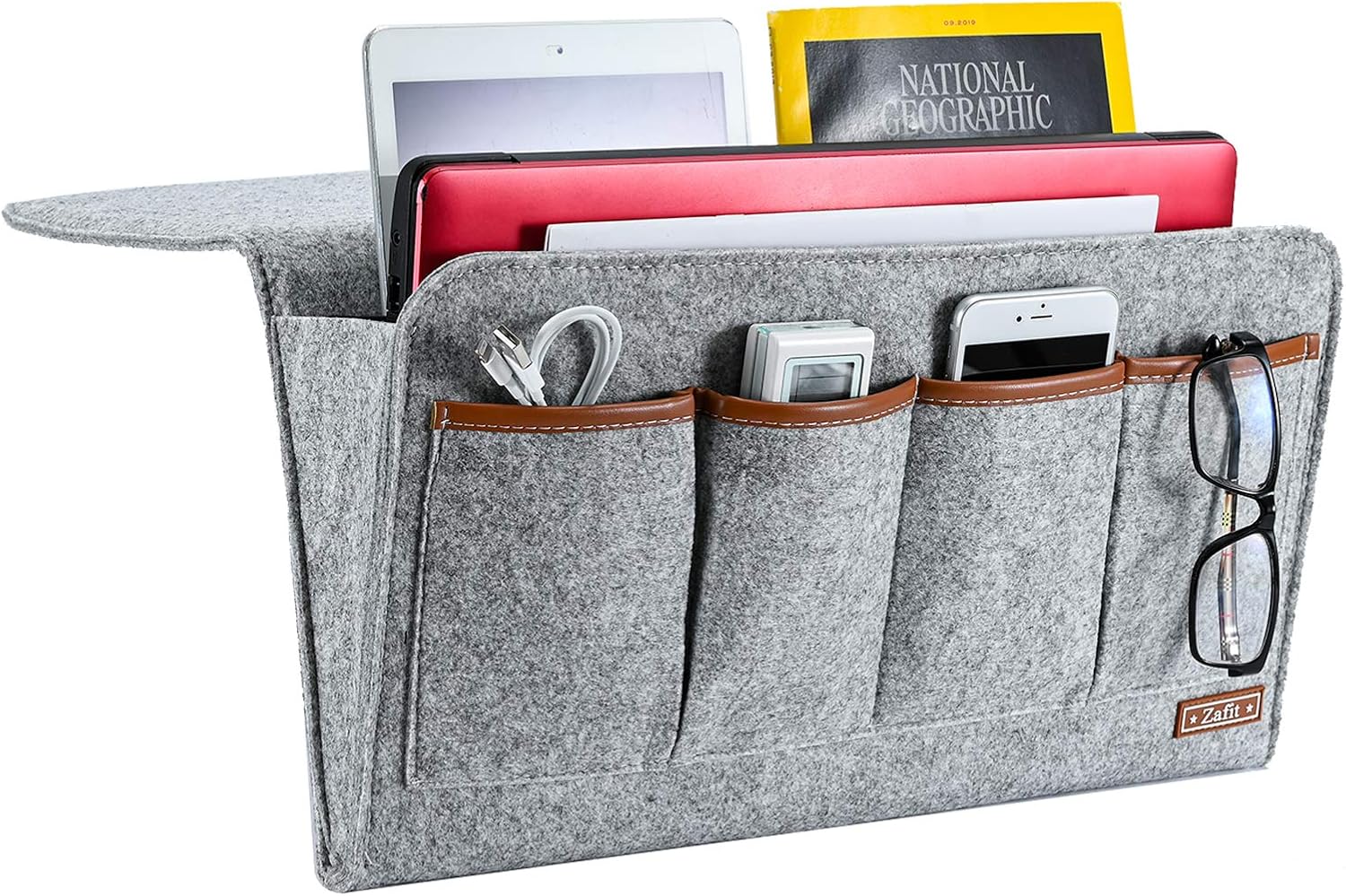 Bedside Caddy, Large Size Storage Organizer with 7 Pockets for Magazine, Remotes, Phone (17.3'' x 18.1'', Light Grey)
