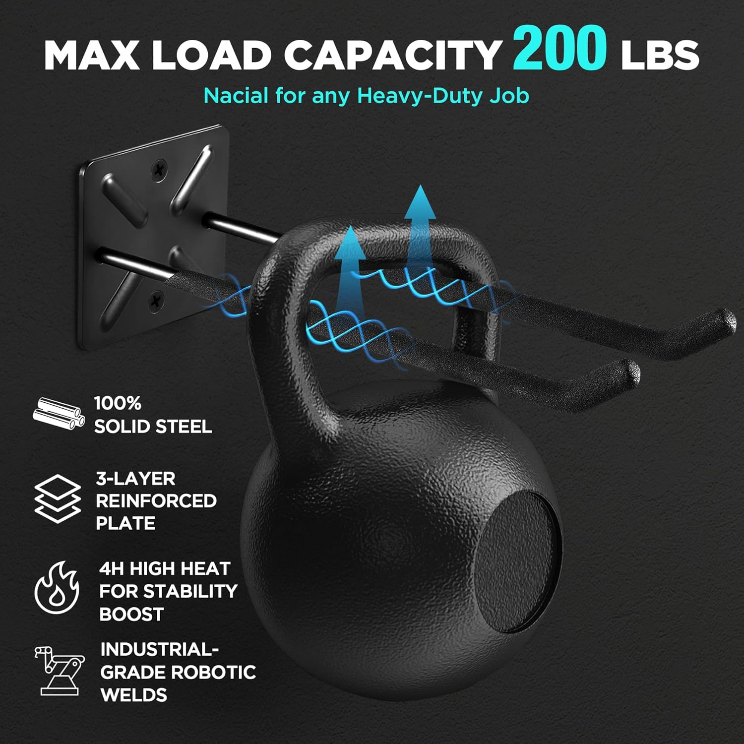 Nacial Garage Hooks, Heavy Duty Garage Hooks, 12.4 Inch Wall Mount Hangers, Max Load 200 lbs Garage Storage Utility Hook for Car Tires, Ladders, Chairs, Strollers, Power Tools, Garden Tools - 4 Pack