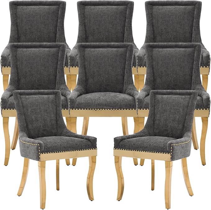 Dining Chairs Set of 8, Kitchen & Dining Room Chairs, Chenille Fabric Upholstered Dinning Chairs, Sillas De Comedor, Nailhead Trim, Metal Legs (Grey, 8 Pcs)