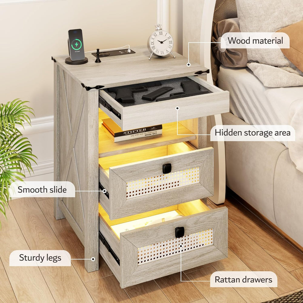 Night Stand with Gun Drawer, Bedside Table with Charger Station & LED Hum...
